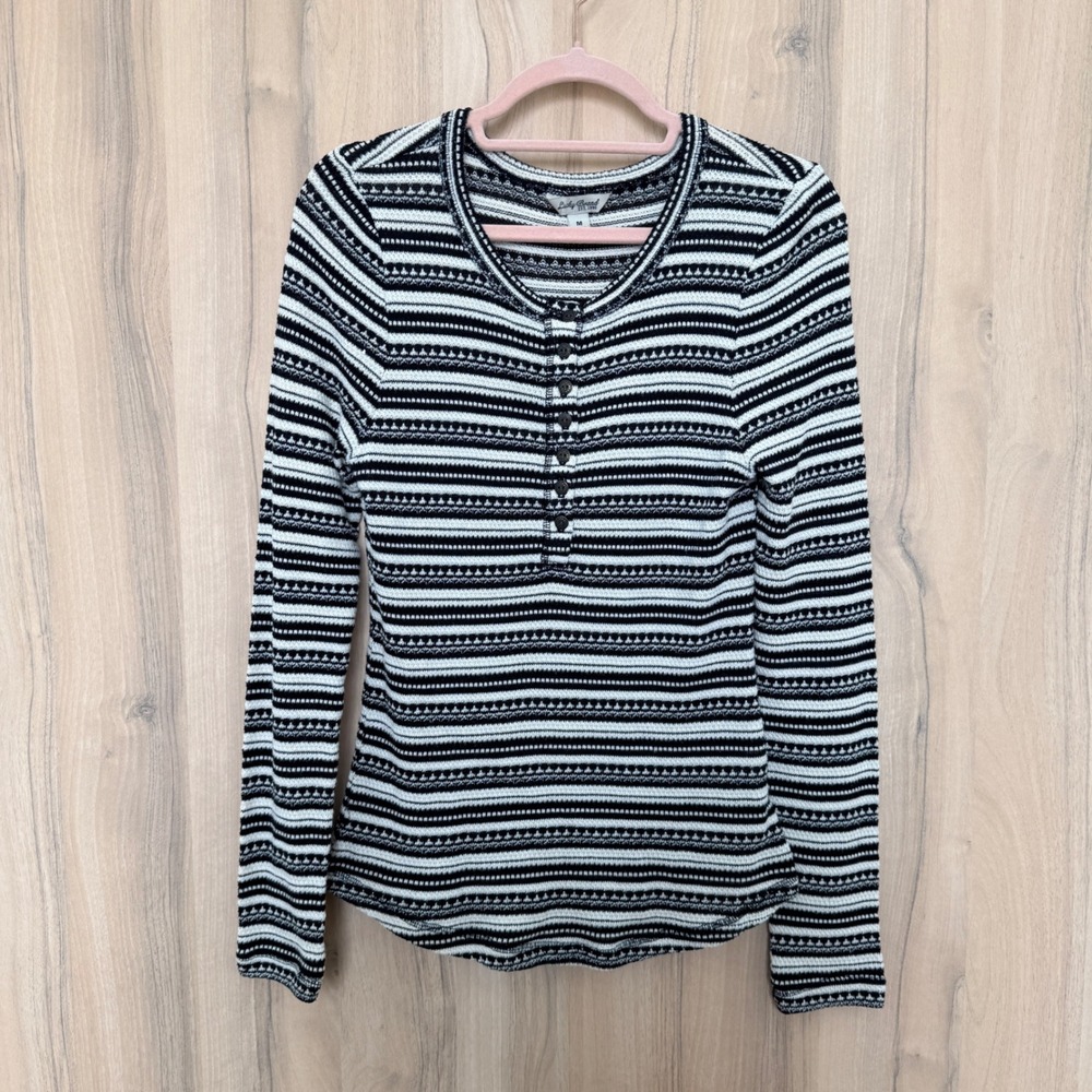 Lucky Brand Womens Knit Henley Top Size M Black Stripe Long Sleeve Southwestern